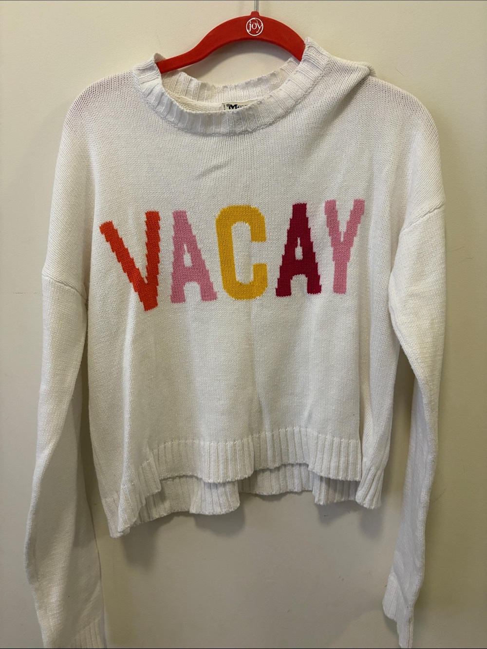 Show Me Your MuMu White 'VACAY' Crewneck Sweater with Multicolor Lettering